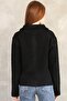 Women's Black Boucle Zippered Half Turtleneck Knitwear Cardigan - 7