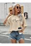 Beige Oversize Mama Heart T-Shirt - Crew Neck, Printed Short Sleeve