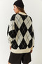 Women's Ecru Black Diamond Patterned Half Turtleneck Oversize Thick Knitwear Sweater 60261376 - 7