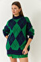 Women's Navy Blue Green Diamond Patterned Half Turtleneck Oversize Thick Knitwear Sweater 60261376 - 4