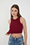 Burgundy Halter Neck Ribbed Crop Tank Top Blouse - 3