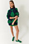 Women's Navy Blue Green Diamond Patterned Half Turtleneck Oversize Thick Knitwear Sweater 60261376