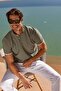Men's Khaki-White Slim Fit Slim Fit Cotton Striped Polo Collar T-Shirt - 2