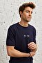 Men's Navy Blue Standard Fit Regular Cut Crew Neck 100% Cotton Printed Knitwear T-Shirt - 2