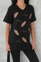 Women's Black V-Neck Plus Size Leaf Sequin Sequin Embroidered 100% Cotton T-Shirt - 2