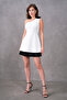 White Lined Atlas Fabric Shoulder Rose Detail Skirt Pleated Design Mini Flared Dress 9357
