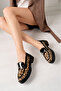 Black Patent Leather Leopard Patterned Gold Buckle Stone Women's Loafer Shoes - 2
