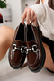 Brown Patent Leather Stone Buckle Women's Loafer Shoes - 2