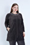 Women's Brown Line Print Long Sleeve Ribbed Zippered Plus Size Cotton Velvet Bottom Top Suit - 2