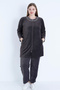 Women's Brown Line Print Long Sleeve Ribbed Zippered Plus Size Cotton Velvet Bottom Top Suit - 3