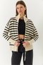 Women's Ecru Black Striped Zippered Knitwear Cardigan 20246314 - 2