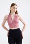 Women's Powder Pink Halter Neck Backless Sandy Crop Blouse - 5