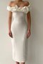 White Midi Pencil Dress with Atlas Fabric Strapless Neckline Off-Shoulder and Slit Detail - 4