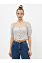 Balloon Sleeve Blouse Checked Buttons Square Neck - 3