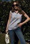 Women's Navy Striped, Textured Summer Fabric, Half Placket, Zero Sleeve Blouse - 2
