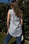Women's Navy Striped, Textured Summer Fabric, Half Placket, Zero Sleeve Blouse - 4