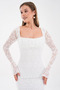 White Lined Lace Fabric Layered Square Neck Design Long Lace Sleeve Design Midi Dress 209 - 5