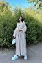 Women's Brick & Ecru Striped Double Breasted Collar, Belt, Loose Cut, Split, Striped, Long Trench Coat - 6