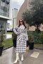 Women's Brown Double Breasted Collar, Belt, Double Pocket, Loose Cut Long Plaid Trench Coat - 3
