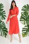 Women's Red Belt Detailed Side Slit Long Sleeve Shirt Dress - Regular Fit, Standard Size