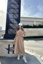 Women's Camel Double Breasted Collar, Slit, Belted Waist, Elastic Arm Ankles, Loose, Long Dress - 4