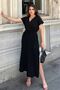 Black Double Breasted Collar, Slit, Belted Waist, Sweatproof, Cotton, Imported Muslin Fabric, Long Dress - 4