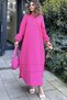 Women's Fuchsia Judge Collar, Elastic Balloon Sleeves, Skirt and Sleeve Fold Fabric Stitching, Long Loose Dress - 6