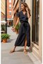 Women's Black Linen Belt Pack Short Sleeve Summer Comfortable Cut Slit Daily Long Dress 3221418