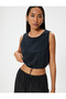 Round Neck and Elastic Waist Crop Sleeveless T-Shirt - Parachute Fabric - 3
