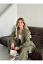 Women's Khaki Button Detail Blazer Jacket Pants Suit - 4