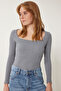Women's Gray Square Neck Corded Knitted Blouse GT00052 - 4