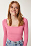 Women's Pink Square Collar Ribbed Knitted Blouse GT00052