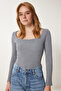 Women's Gray Square Neck Corded Knitted Blouse GT00052