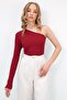Women's Burgundy One Shoulder Open Ribbed Knitted Blouse Alc-X13333 - 3