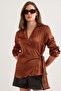 Women's Bitter Brown Satin Crinkle Flowy Shirt with Side Tie Detail Gml- 19001281 - 2