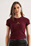 Women's Burgundy Embroidered Ribbed Crop Stretchy Blouse Blz- 19002824 - 2