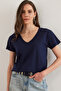 Women's Navy Blue V-Neck Flame T-Shirt Tsh- 19000396