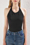 Black Back Low-Cut Halter Neck Bow Fitted Body Stretchy Knitted Body with Snap Fasteners Twoss25Bd00004 - 3