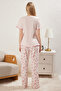 Pudra %100 Pamuklu Kiraz ve Kurdele/Fiyonk Desenli Örme Pijama Takımı THMSS25PT00188 - 5