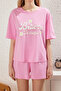 Pembe %100 Pamuklu Sloganlı Şortlu Örme Pijama Takımı THMSS25PT00244 - 3
