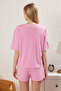 Pembe %100 Pamuklu Sloganlı Şortlu Örme Pijama Takımı THMSS25PT00244 - 5