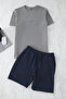 Gray Regular Fit Slogan Printed Waffle Knitted Shorts Pajamas Set Tmnss25Pt00008 - 4