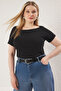 Siyah Fitted Kayık Yaka Fitilli Kaşkorse Örme Büyük Beden Bluz TBBSS25AF00047