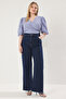 Koyu Mavi Yüksek Bel Pis Uç Detaylı Geniş Paça Comfort Büyük Beden Wide Leg Jeans TBBSS23CJ00009