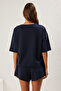 Lacivert Oversize/Geniş Kalıp İnce Esnek Şort T sihrt Örme Alt-Üst Takım TWOSS25AU00013 - 5