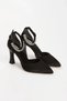 Black Satin Ankle Stone Heeled Shoes, Evening Dress Shoes and Stone Evening Dress Bag Set - 3