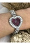 Heart Shaped Stone Inside Burgundy Red Silver Women's Wristwatch - 7