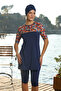 Short Sleeve Semi-Covered Swimsuit 24821 Navy Blue - 5