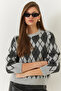 Women's Gray Anthracite Crew Neck Argyle Patterned Sweater 241192 60261036 - 4