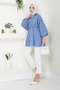 Women's Cobalt Blue White Striped Satin Hijab Shirt with Elastic Waist - 2